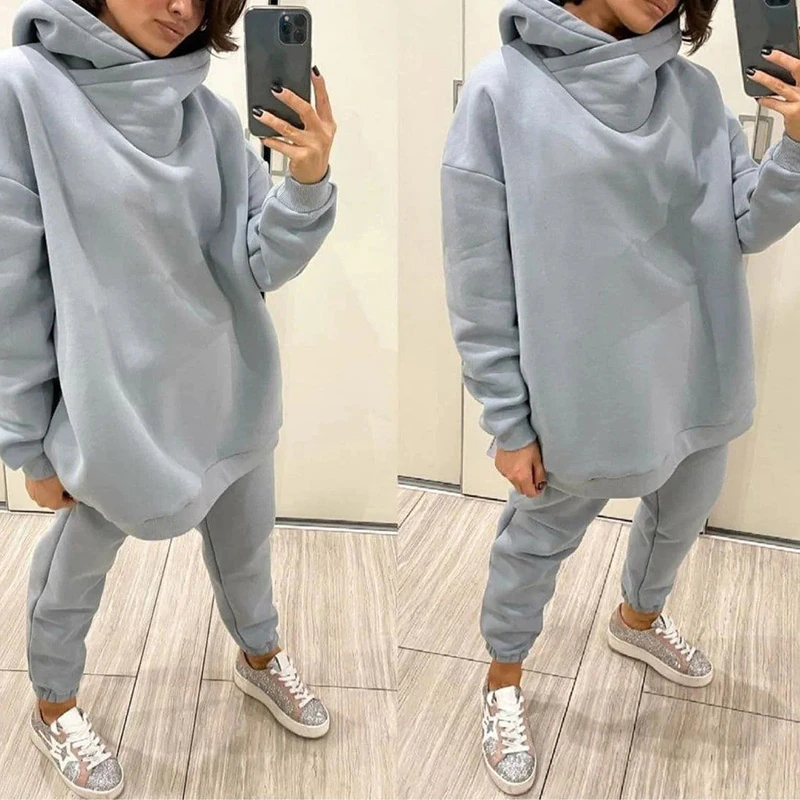 Thumbnail: Women Elegant Solid Set Women Warm Hoodie Sweatshirt And Long Pants Two Piece