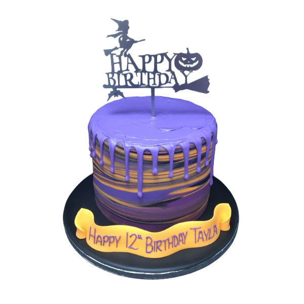 Spooky Halloween themed drip cake with vibrant colours and fun decorations perfect for celebrations and parties.