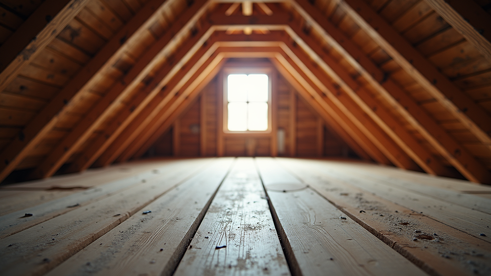 Eye-level view of a well-insulated attic space