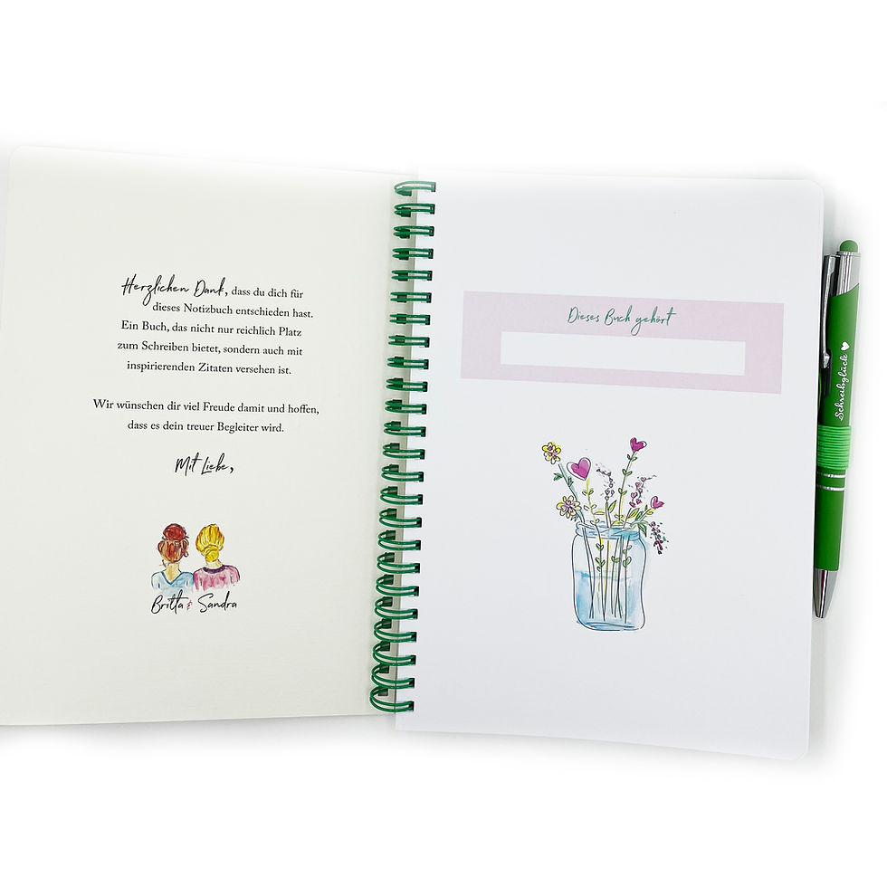 Miniaturbild: Notizbuch mit Blumendekor, Text und Stift