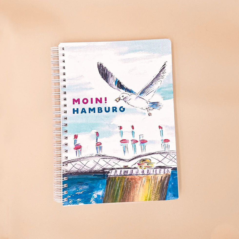 Notizbuch mit Möwe, "Moin! Hamburg", Brücke und Wasser