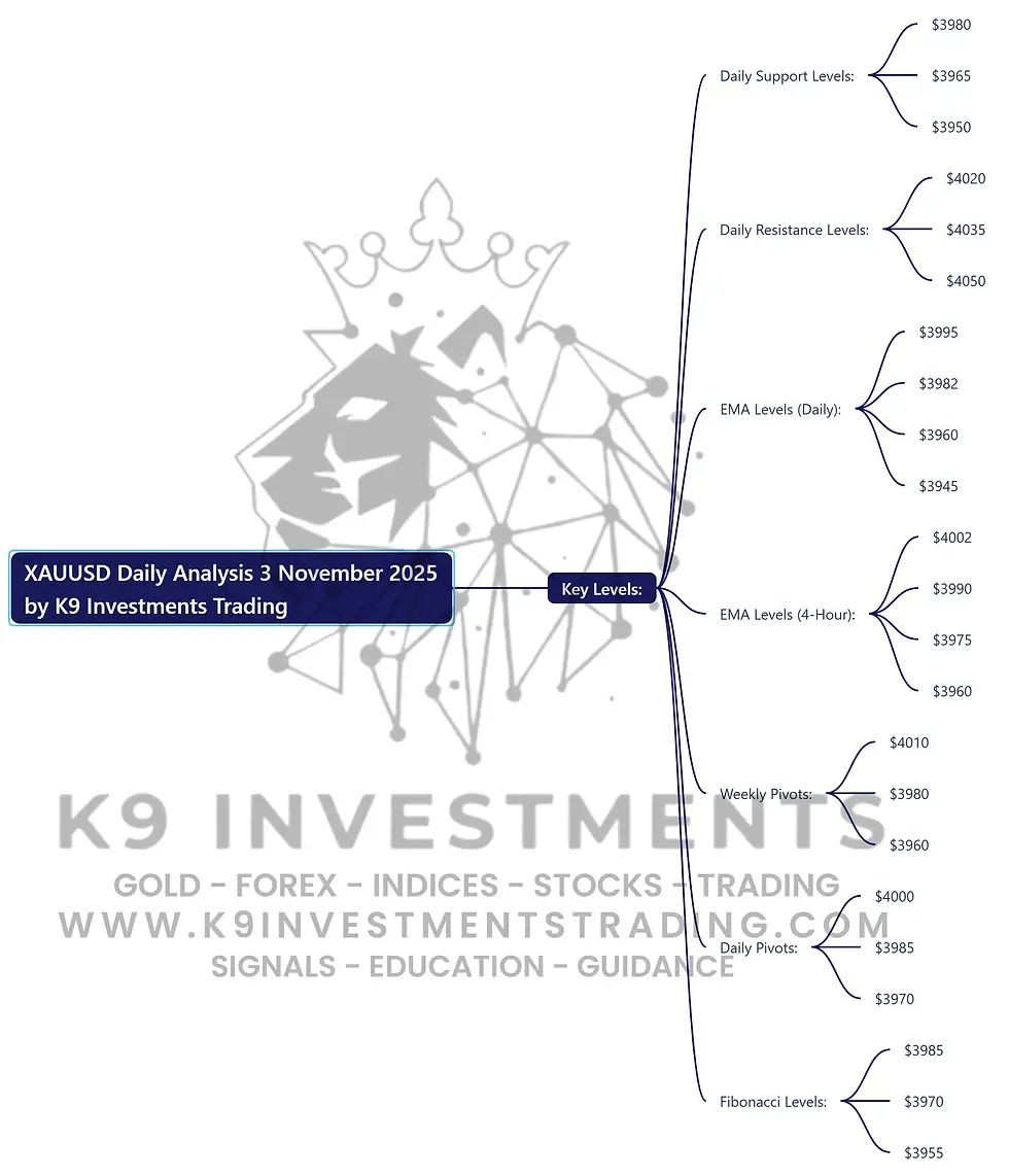 Here’s a mind map summarizing the Gold XAUUSD Daily Analysis for November 3, 2025, by K9 Investments Trading