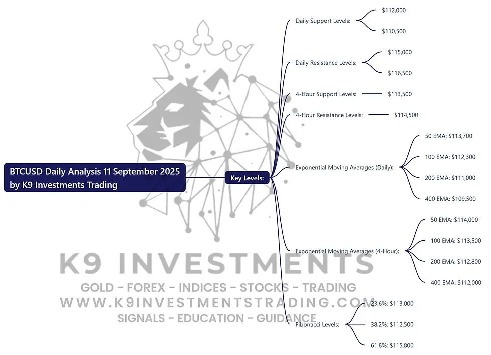 Here’s a visual representation of the BTCUSD Daily Analysis for September 11, 2025 by K9 Investments Trading