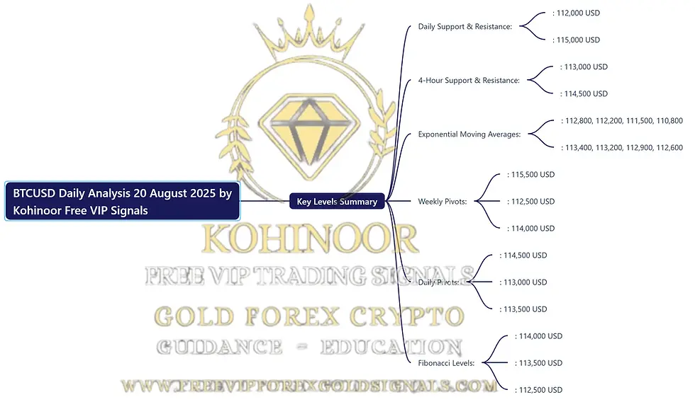 Here’s a mind map summarizing the BTCUSD Daily Analysis for August 20, 2025, by Kohinoor Free VIP Signals