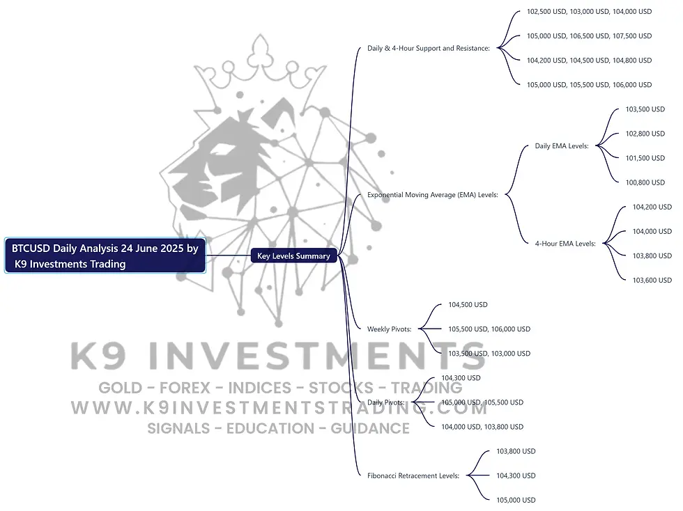 Here’s a mind map based on the BTCUSD Daily Analysis for June 24, 2025, by K9 Investments Trading