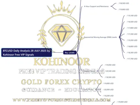Here’s the mind map for the BTCUSD Daily Analysis on July 28, 2025 by Kohinoor Free VIP Signals