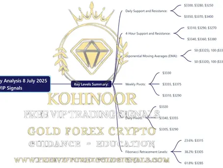 Here’s the mind map summarizing the Gold XAUUSD Daily Analysis for July 8, 2025 by Kohinoor Free VIP Signals