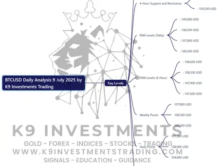 Here’s a structured mind map based on the BTCUSD Daily Analysis for July 9, 2025 by K9 Investments Trading