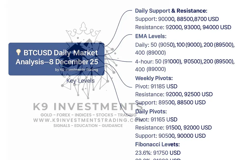 🟡 BTCUSD Daily Market Analysis—8 December 25 by K9 Investments Trading
