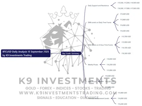 Here’s the mind map based on the BTCUSD Daily Analysis for September 15, 2025 by K9 Investments Trading
