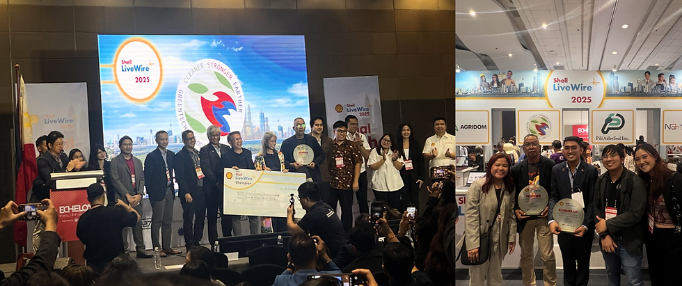 Blue Nest's start-ups on the winning stage (Left) and founders with the AIPO team (Right)