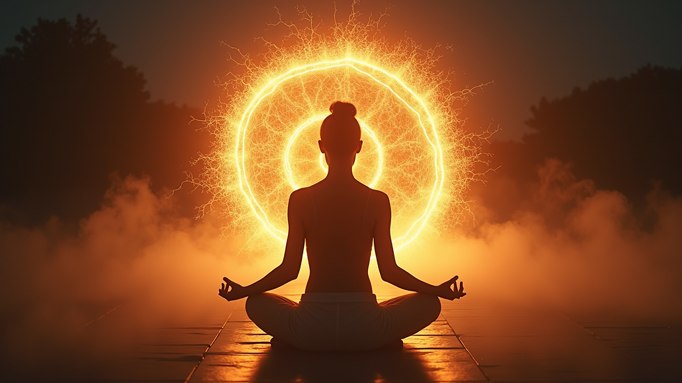 Close-up view of glowing energy field around a person meditating
