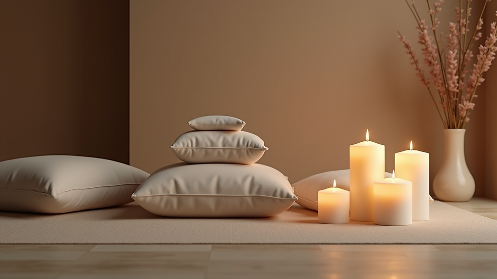 Close-up view of a calm meditation space with candles and soft cushions