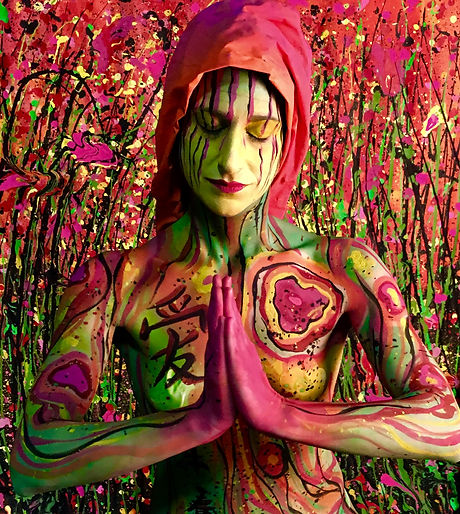 Namaste body painting with Chinese love characters