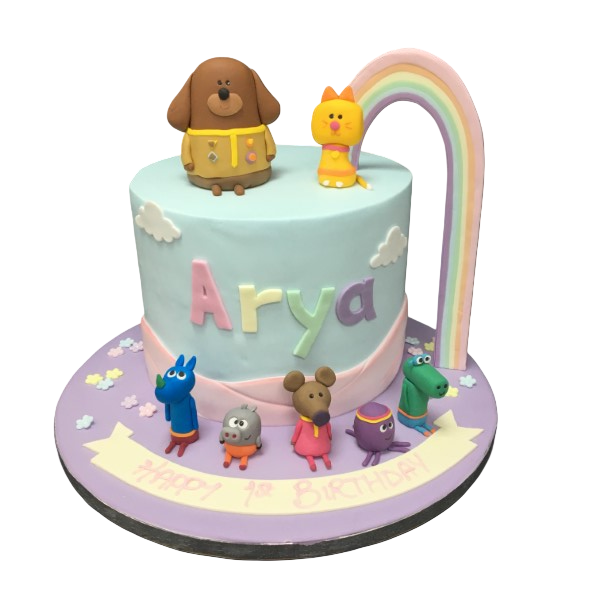 A visually appealing Hey Duggee And Friends themed cake decorated with colourful and fun characters on top. Perfect for themed parties and celebrations.