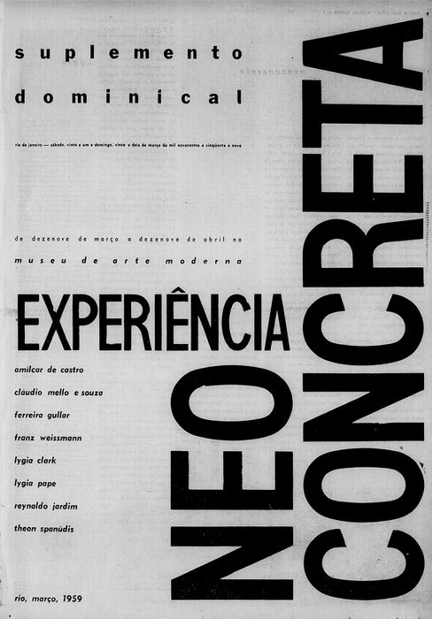 Reprodução da capa do Suplemento Dominical do Jornal do Brasil, de 1959. Em letras grandes, lê-se “Experiência neoconcreta” e, abaixo, aparecem os nomes dos artistas envolvidos: Amilcar de Castro, Cláudio Mello e Souza, Ferreira Gullar, Franz Weissmann, Lygia Clark, Lygia Pape, Reynaldo Jardim e Theon Spanudis.