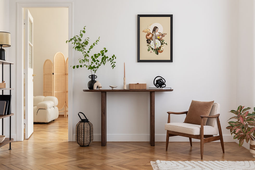 Cozy and stylish interior of living room with mock up poster frame, wooden console, flower