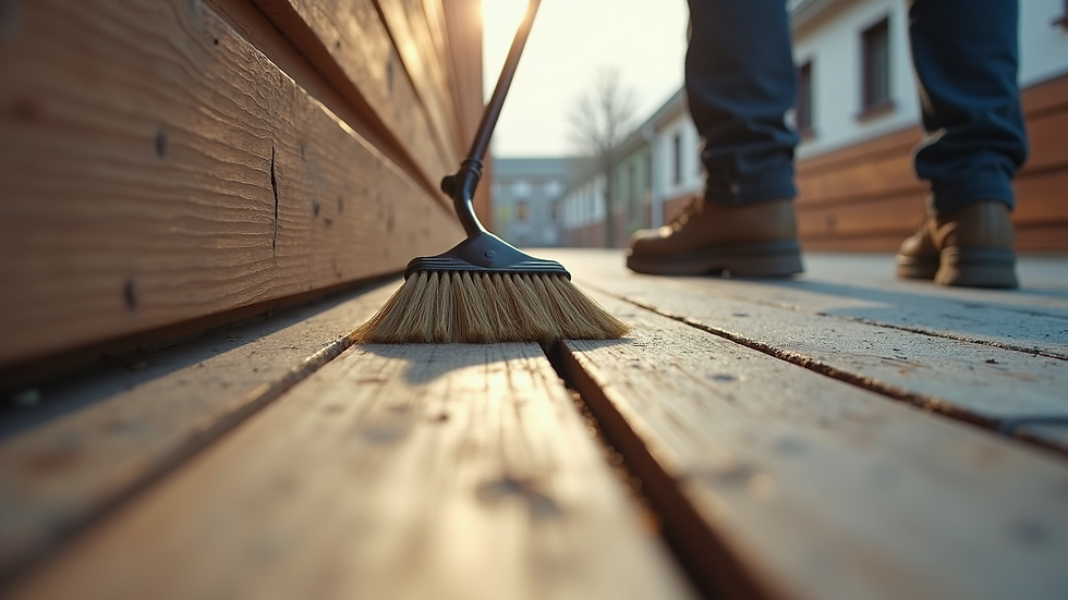 High angle view of a long-handled brush cleaning fascia boards from the ground