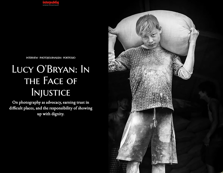Interpubliq Magazine cover featuring Lucy O'Bryan's interview "In the Face of Injustice" and her documentary photograph of a young agricultural worker carrying a sack of grain in Myanmar.