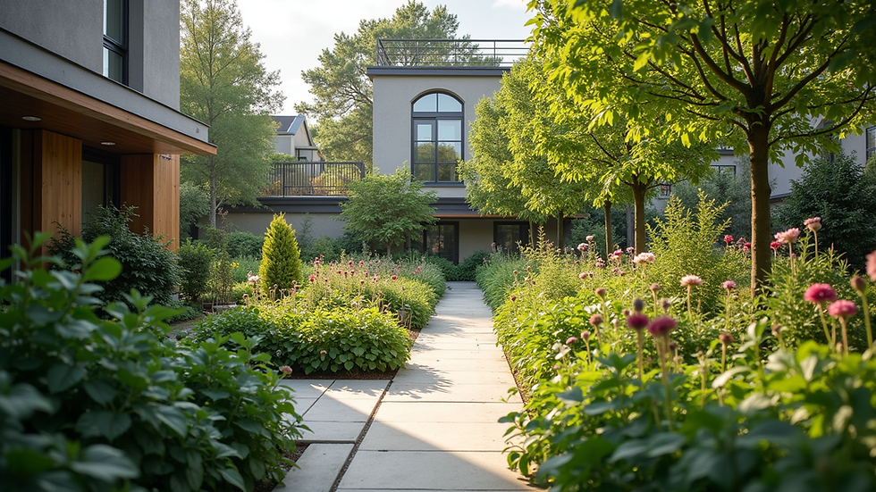 Wide angle view of a sustainable urban garden
