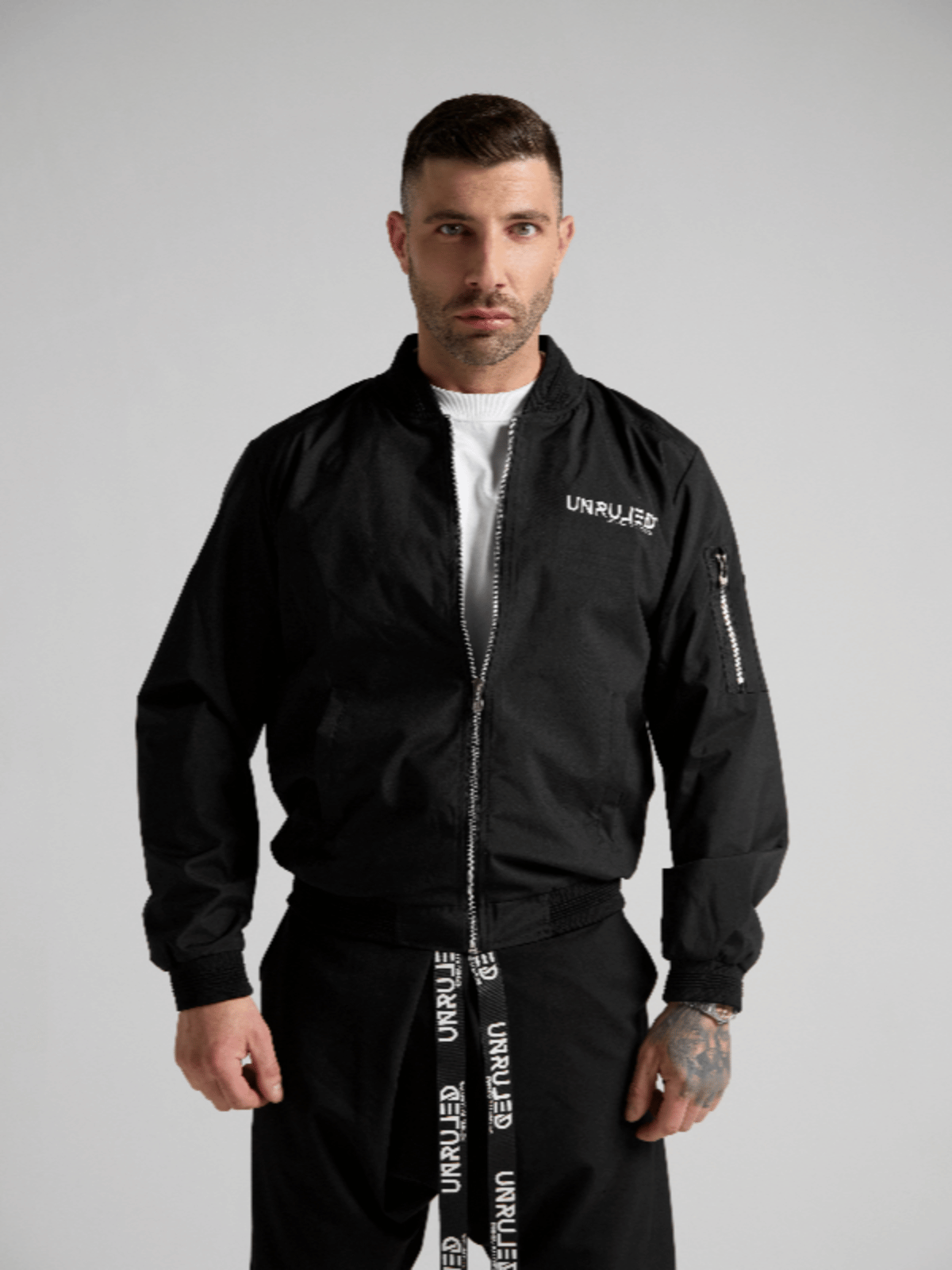 Statement bomber jacket with artistic graphics and contemporary streetwear design.