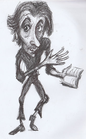 Comically exaggerated sketch by Mike of a thin man clad in black holding a book...
