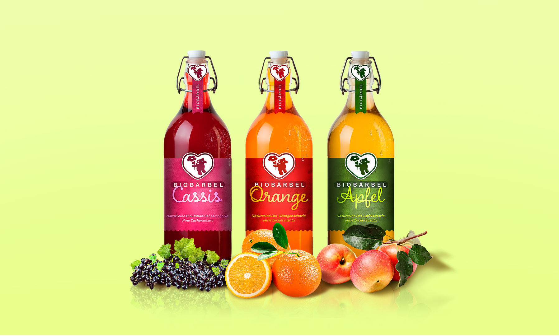 Packaging Design:
Kreation einer Biomarke Biobärbel,
Bio-Fruchtschorlen in
100% nachhaltiger Kippverschluss-
Pfandflasche