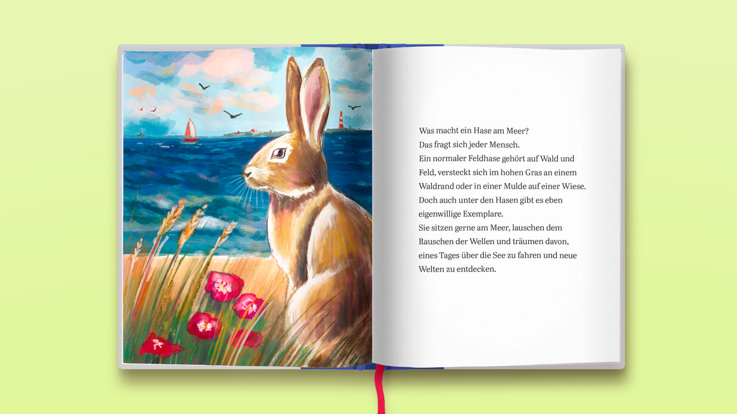 Illustration:
Doppelseite aus Buchprojekt 
Hase am Meer