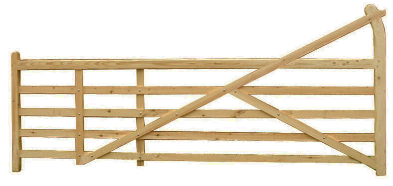  A single light-coloured wooden gate stands against a plain white background. The gate is rectangular, made of several horizontal wooden rails. A prominent diagonal brace runs from the bottom left to the upper right corner, with another shorter diagonal piece extending from the middle of the first brace to the upper left corner. The gate has visible metal fasteners (likely bolts or screws) securing the wooden pieces. The rightmost vertical stile of the gate has a subtle upward curve at its top.