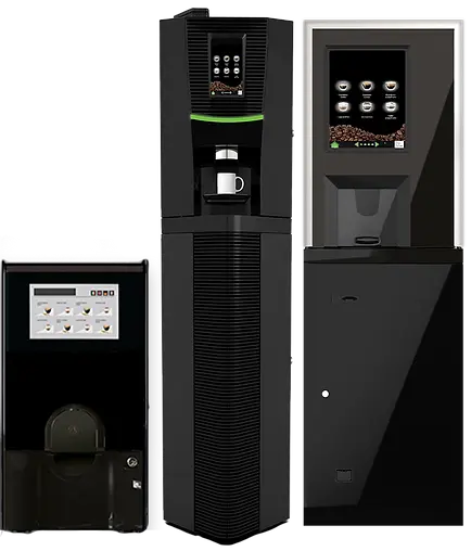 Italian automated coffee machines with touchscreens for gourmet drinks in offices, gyms, and hospitals.