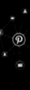Pinterest logo in the center of a digital network, surrounded by connected icons on a dark background.