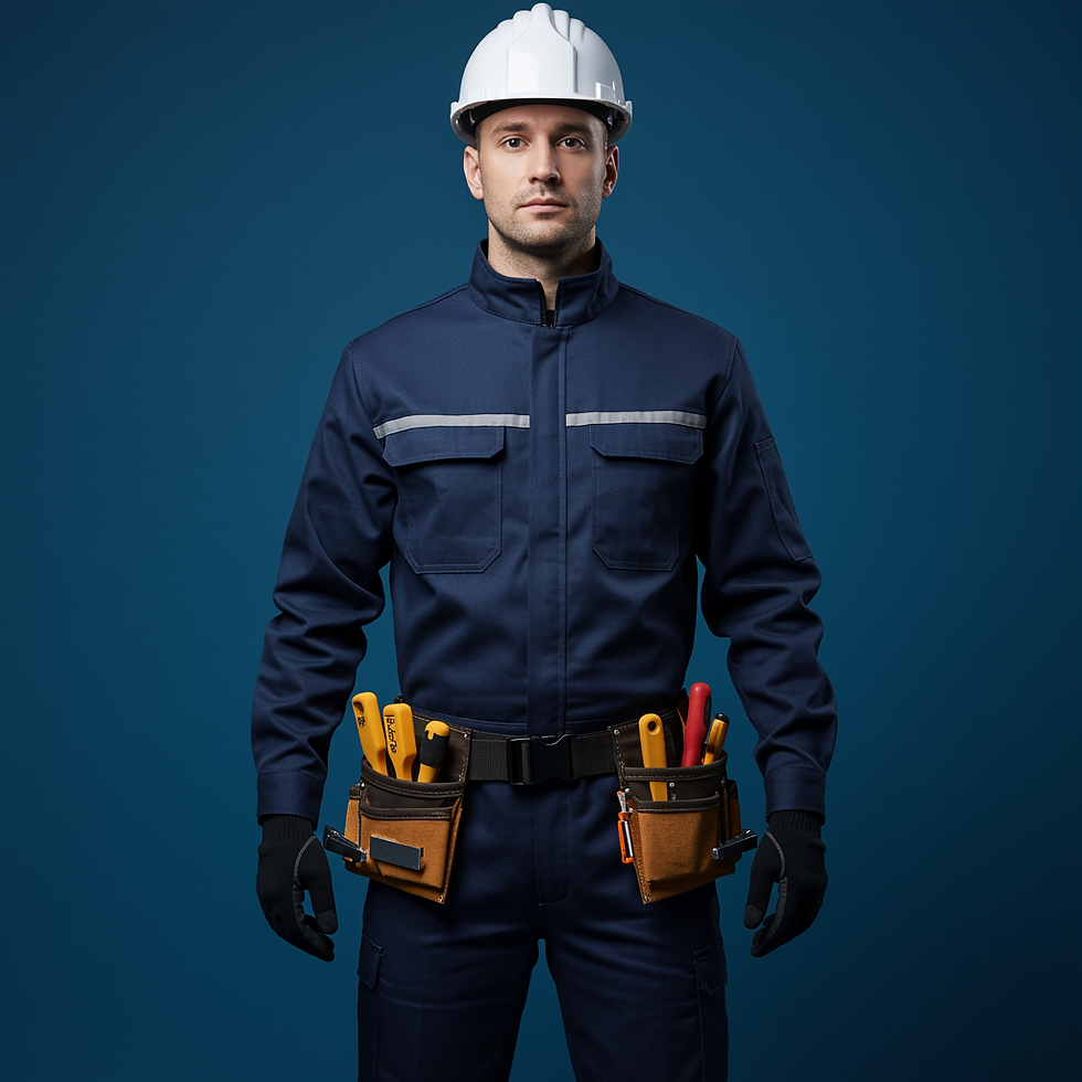 Handwerker mit Werkzeuggürtel und Helm