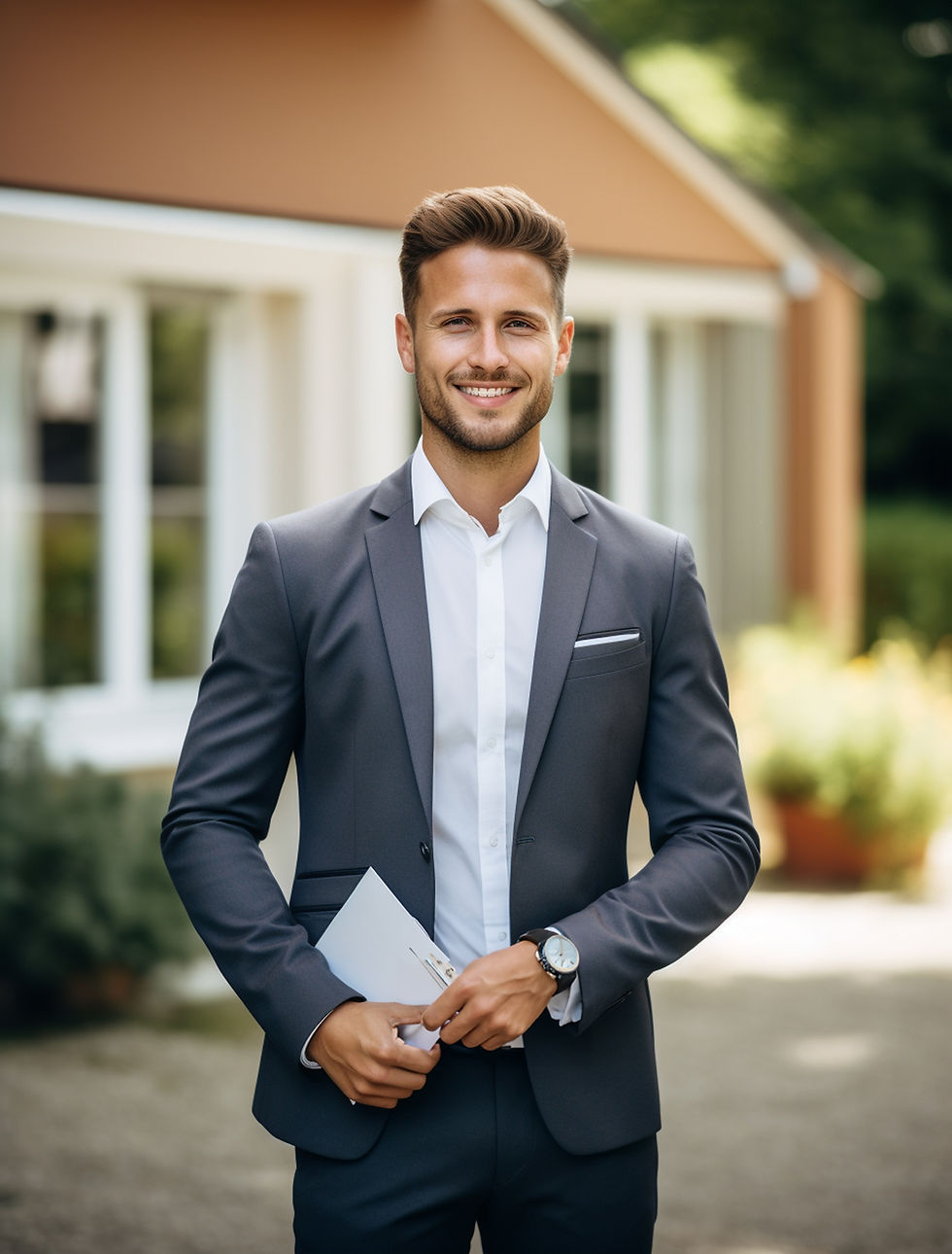 Smiling man in suit holding papers in front of a house.