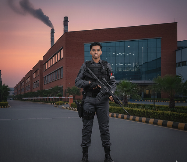 Armed Security guard standing in front of manufacturing plant