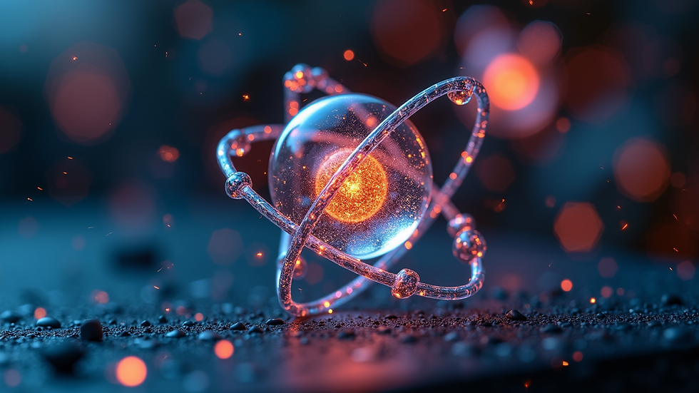 Close-up view of a glowing atom model representing quantum particles