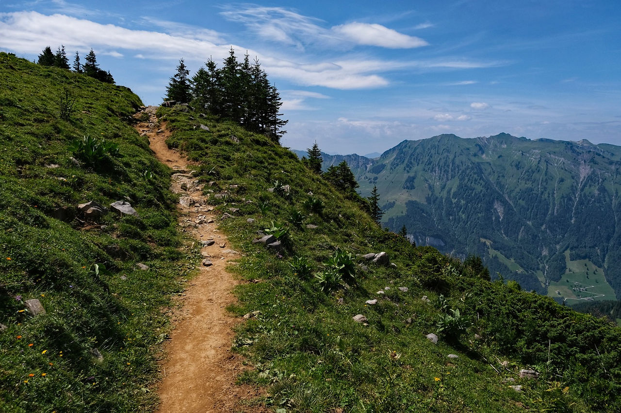 Schmaler Wanderweg, der einen steilen Grashang entlangführt, mit tiefem Tal und markanten Berggipfeln auf der rechten Seite.
