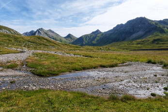 Sonnige Greinaebene mit verzweigtem Geröllbach und dem charakteristischen Bergpanorama