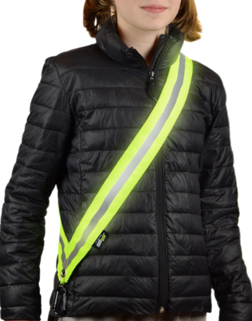MoonSash Mini Reflective Safety Sash for Kids shown on young girl