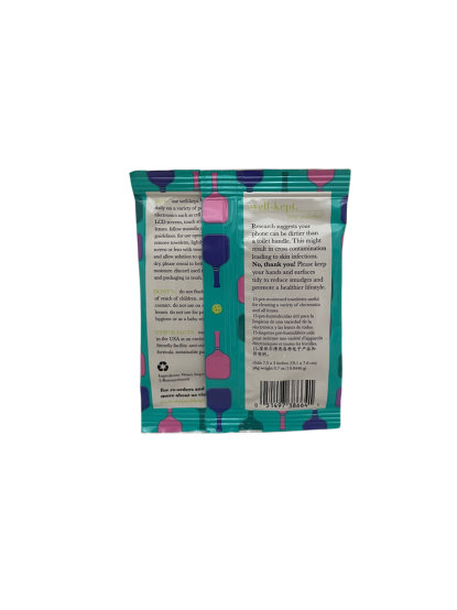 Back of the screen cleaning towelettes packet with pickleball paddle print