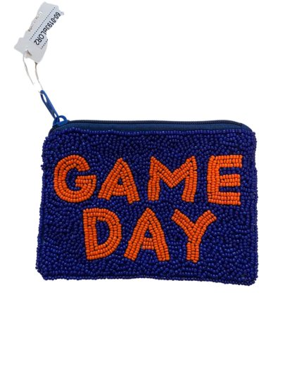 Thumbnail: Game Day Beaded Coin Purse in Blue with Orange Letters