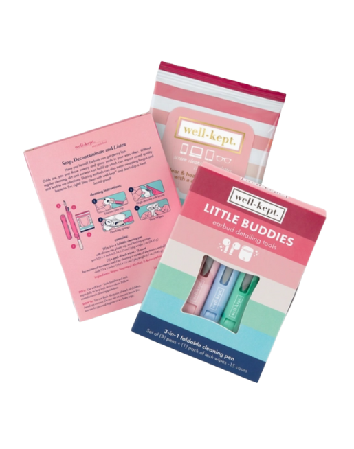 Earbud Cleaning Kit next to a Screen Cleaning Towelette Packet