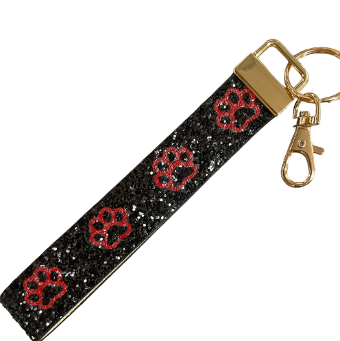 Paw Keychain Wristlet in Black with Red Paws