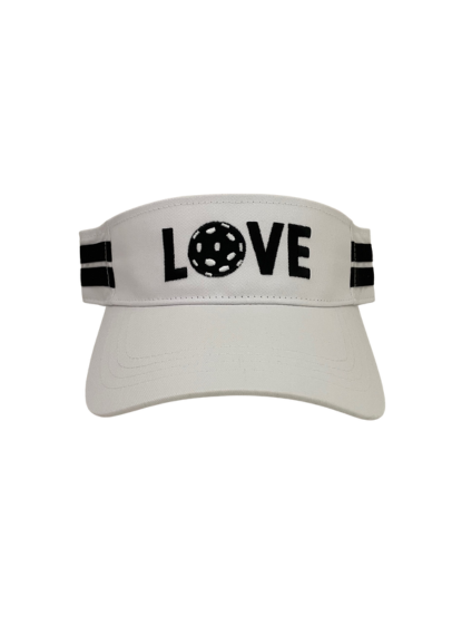 White pickleball visor with the word LOVE in black