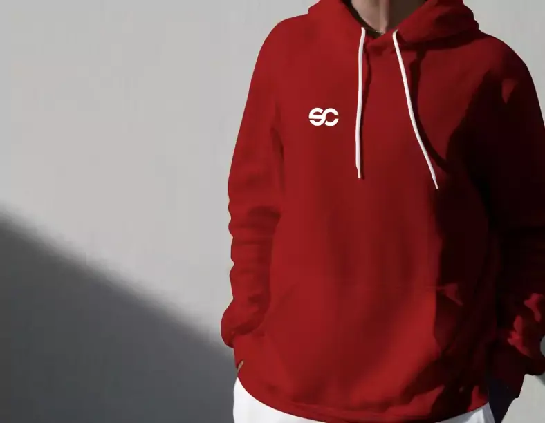 Dark red hoddie with custom embroidery over right breast