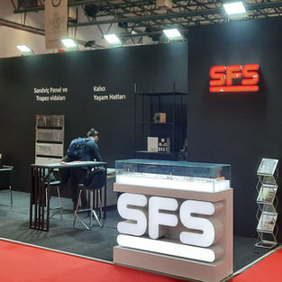 Fair stand designed by Arkhe Architecture for the SFS brand. Construction Fair, 40 m2, Wooden Fair Stand
