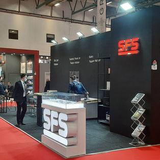 Fair stand designed by Arkhe Architecture for the SFS brand. Construction Fair, 40 m2, Wooden Fair Stand