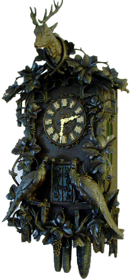 black forest clock, black forest clocks, cuckoo clock, trumpeter clock, flute clock, monk clock. organ clock