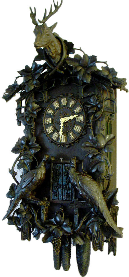 black forest clock, black forest clocks, cuckoo clock, trumpeter clock, flute clock, monk clock. organ clock