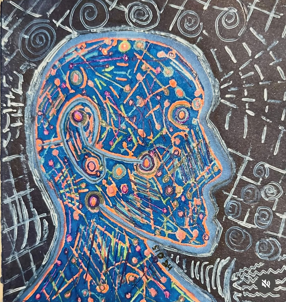 Colorful abstract profile of a human head with intricate patterns on a dark background with swirls and lines. Energetic and vibrant mood.