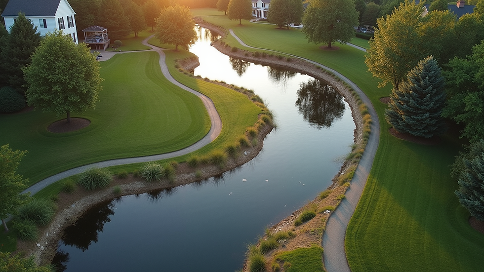 High angle view of a Maryland property with marked boundary lines and stormwater features